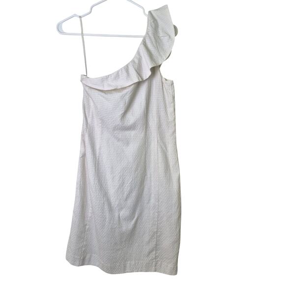 Ann Taylor Dress Size 8 Cream One Shoulder Shift Ruffle Lined Summer NWT - Picture 2 of 8